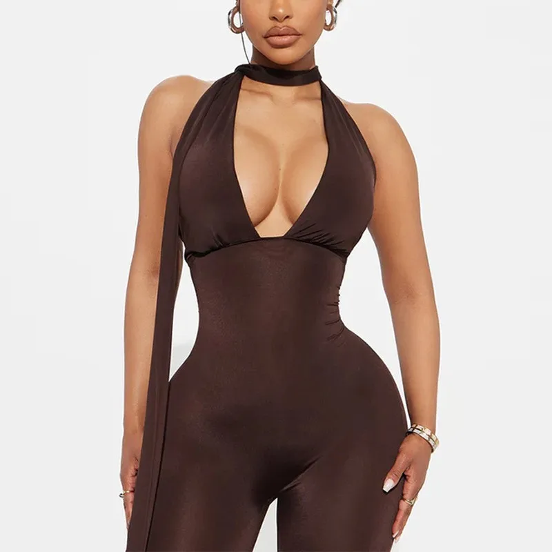 Macacão fino para mulher roupas femininas temperamento sexy bodycon cor sólida halter pescoço sem costas sem mangas pingente