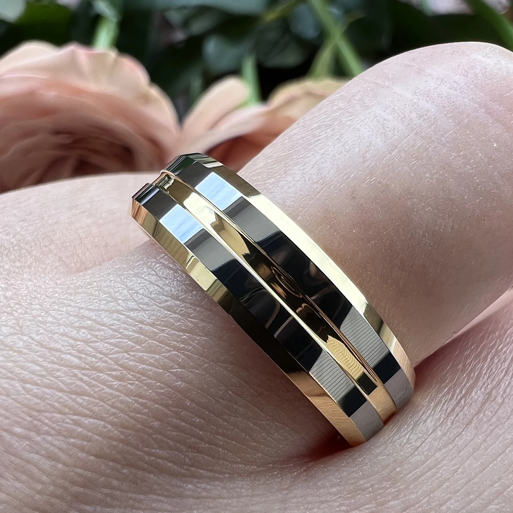 6 mm 8 mm Wolfram-Ring für Damen und Herren, Verlobung, edler Schmuck, Ehering in der Mitte, gerillt, abgeschrägte Kanten, poliert, glänzend, bequeme Passform – Detail 10