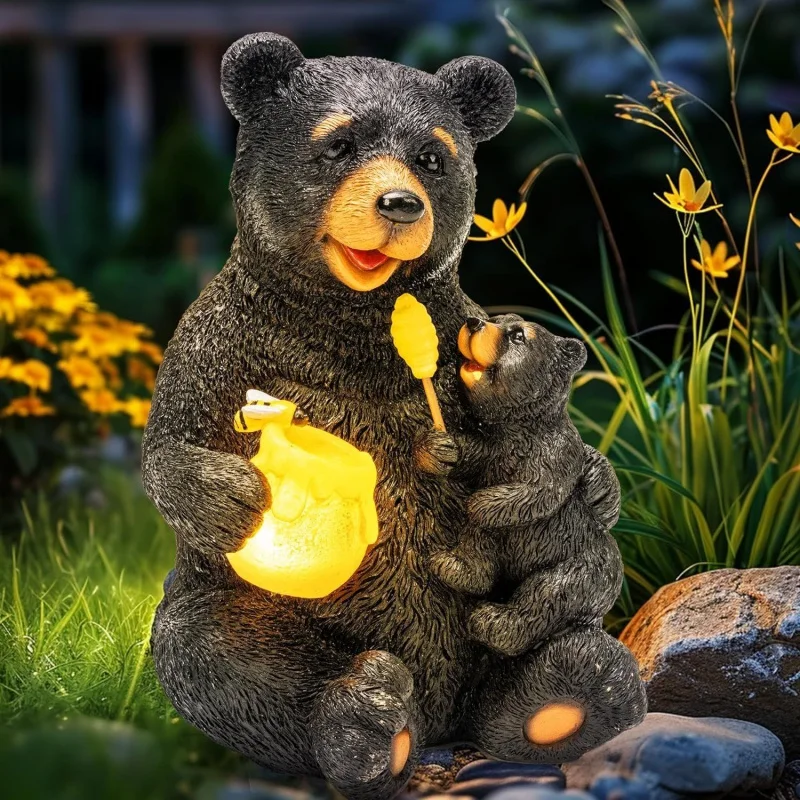 Cross-Border New Product Initiative Resin Decorations Solar Garden Statue Love Bear Statue Outdoor Lamp Garden Decoration Gift