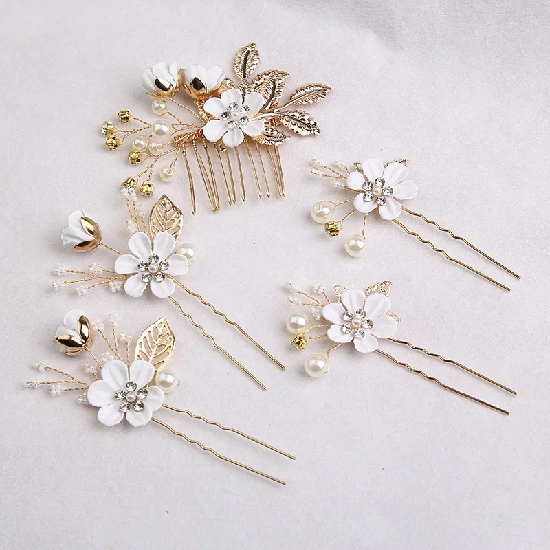 5Pcs/Set Bridal Hair Accessories for Women Flower Pearl Headpiece Tiara Wedding Barrette Clip Hairpins Bride Hair Combs Ornament image 4