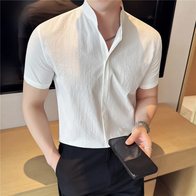 

Men Summer Shirt Fashionable and Cool Standing Collar Short Sleeved Shirt Business Casual Office Formal Dress Social Dress Shirt