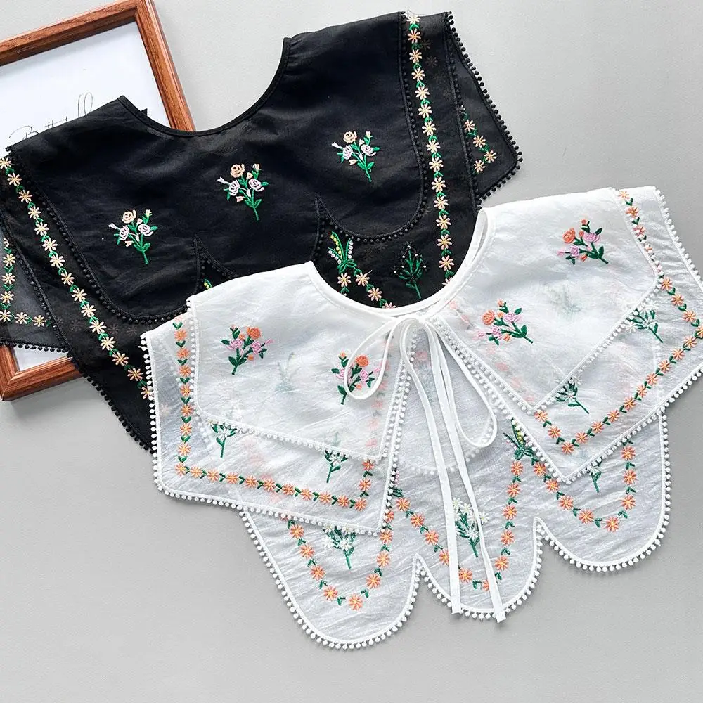 

Embroidered Flower Faux Collar Women Adjustable Neck Shawl Removable Floral False Collar Lace Up Neckline Decorative For Sweater