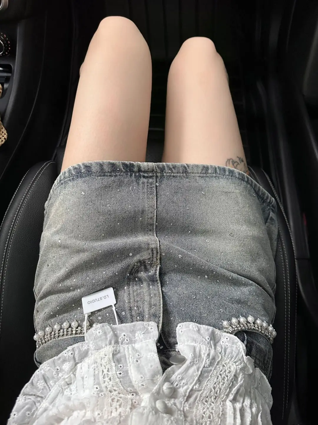 Denim Skirt Pearl Personality Hot Diamond Splice Women'S High Waist Solid Color Slim Wrap Hip Skirts Female 2024 Summer