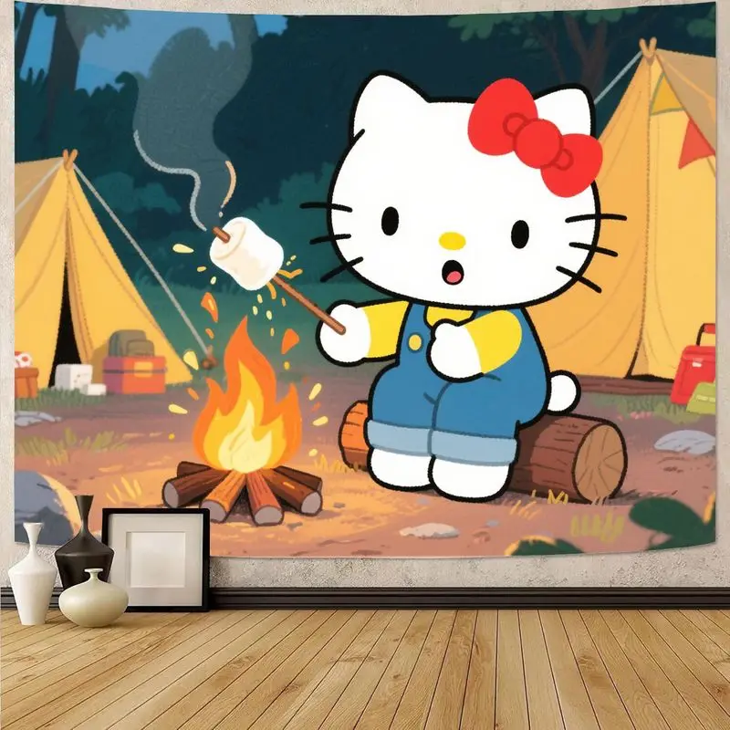 

1 шт. Sanrio Hello Kitty походный гобелен, Kawaii Marshmallow Campfire Wall Art, эстетический полиэстер, декор комнаты, подарок для вентилятора Kitty