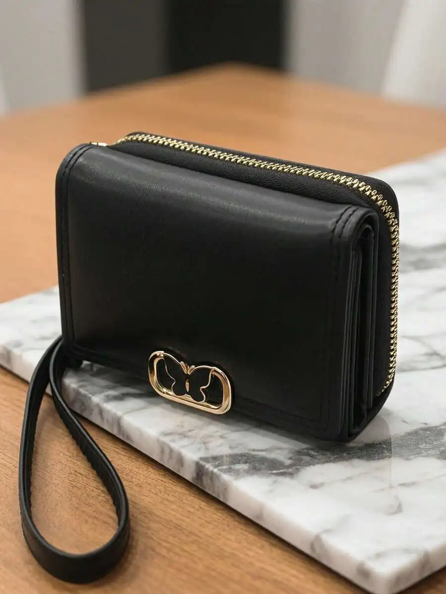 

Cute Foldable Short PU Leather Wallet, Fashionable Young Women's Zipper Large Capacity Card Holder Coin Purse