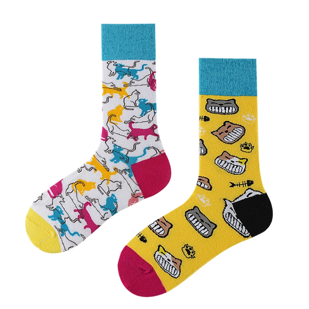 Original AB Colorful Cotton Crew Socks Men Women Creative Cartoon Cat Frog Dachshund Funny Animals Asymmetric Mid‑Calf Socks