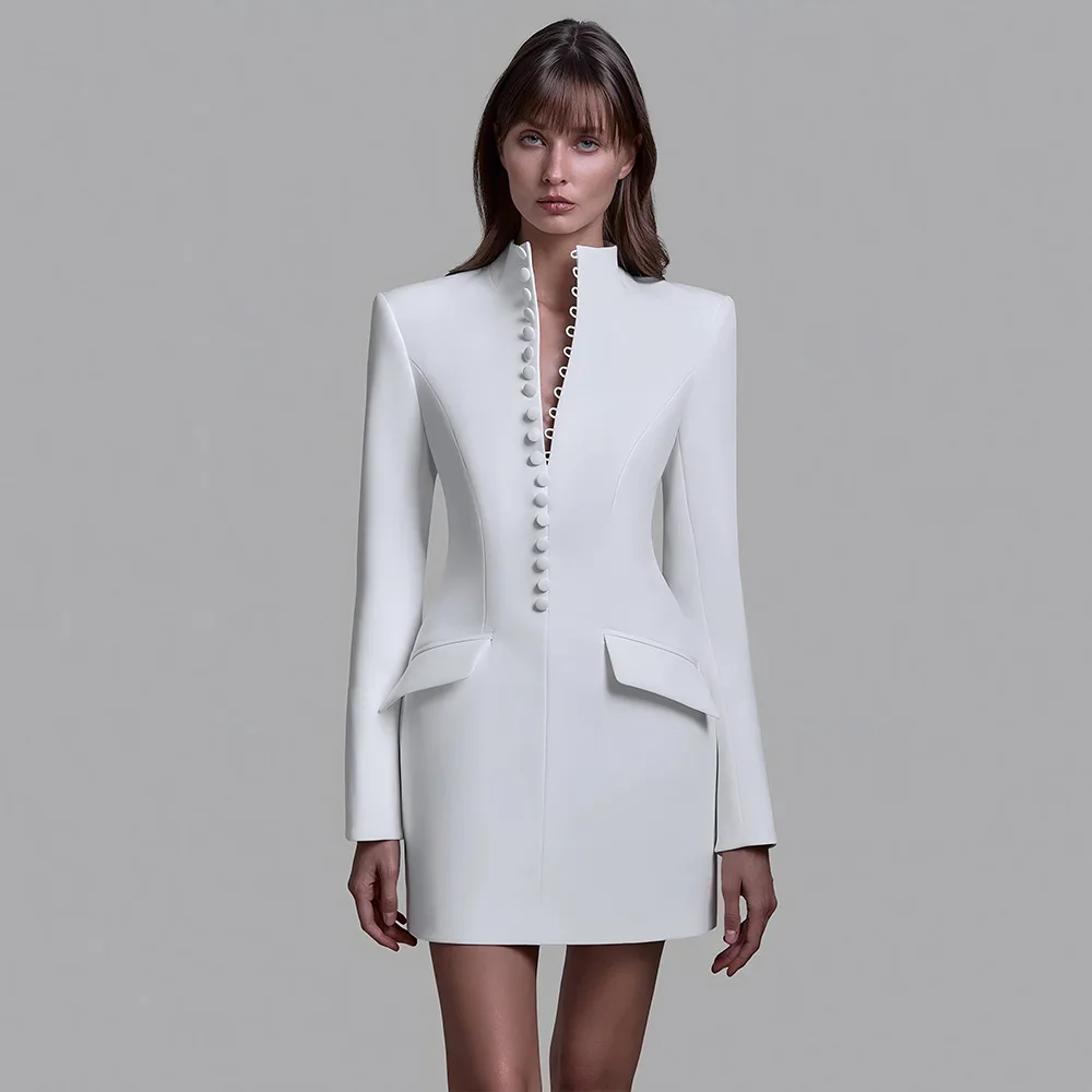 

Women's Autumn New Fashion Fashion Blazer Jacket Stand Collar Button Front Solid Color Slim Fit Short Sleeve Waist Design