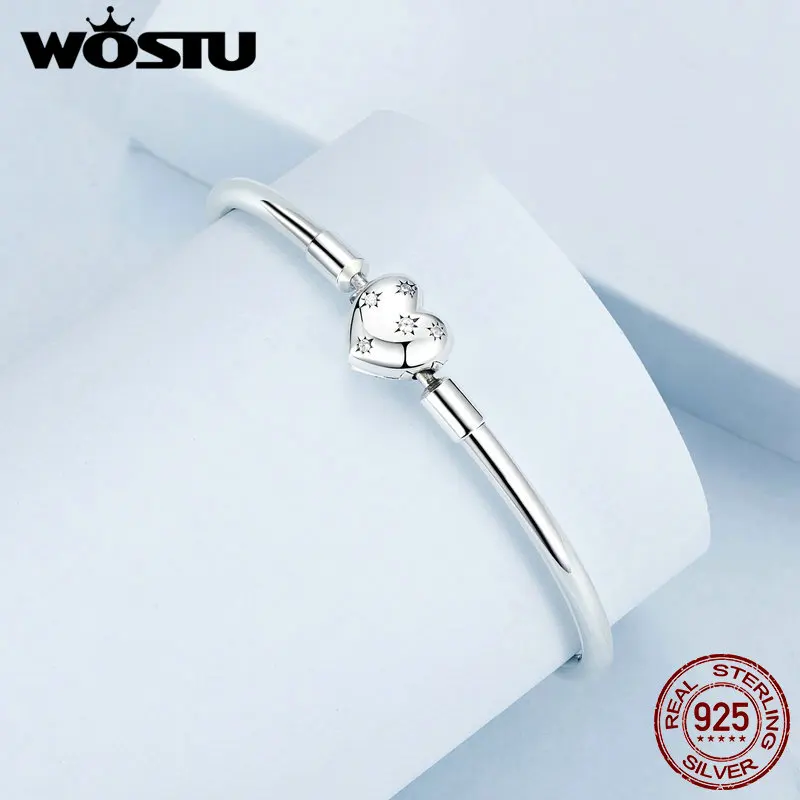 WOSTU Real 925 Sterling Silver AAA Zircon Star Bangle Bracelet Simple Basic Bangles Fit Original Charms Beads DIY Gift for mom