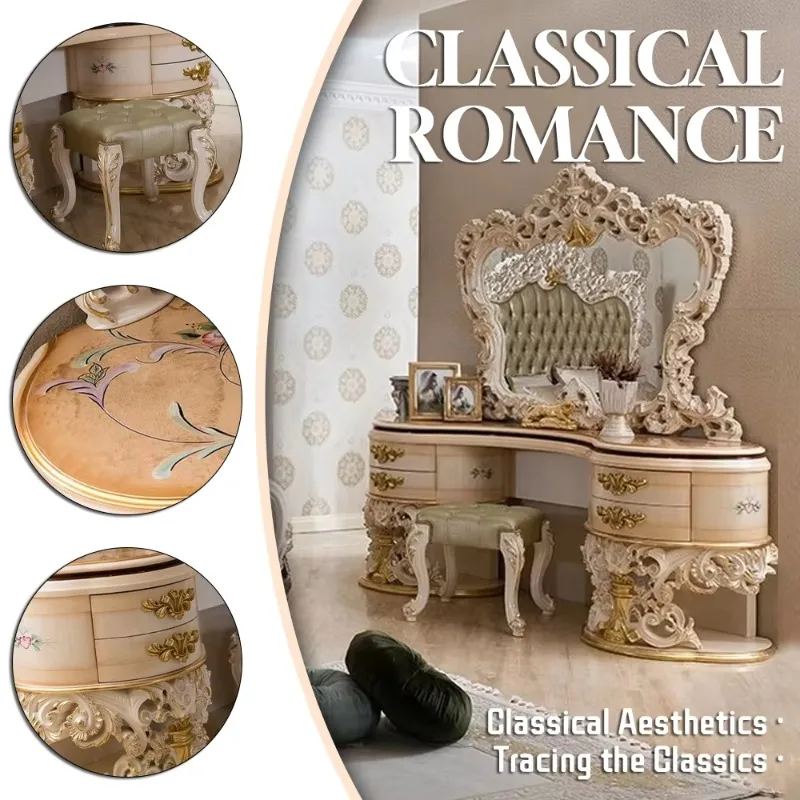 French Antique Solid Wood Carved Dressing Table Vanity with Mirror Drawers for Bedroom Makeup Retro