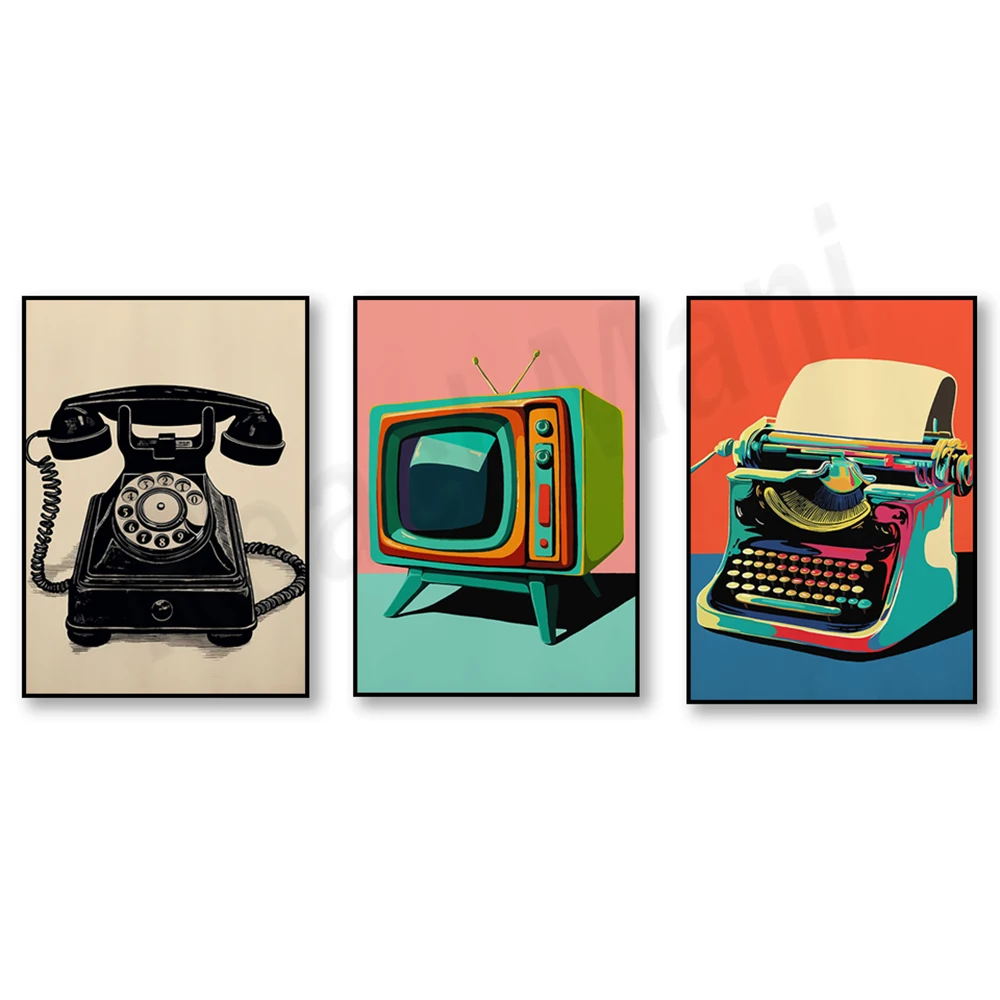 Retro typewriter print for literary art, television, rotary phone print, maximalist eclectic wall art home office decor poster