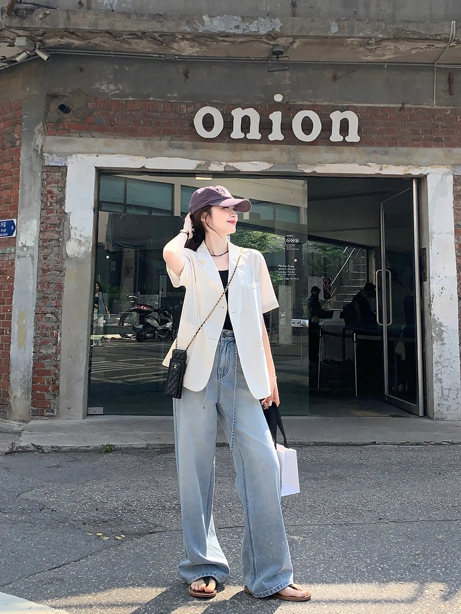 

YANUOYU Летние женские джинсы с широкими штанинами, винтажные, повседневные, прямые, с высокой талией, длинные брюки из денима