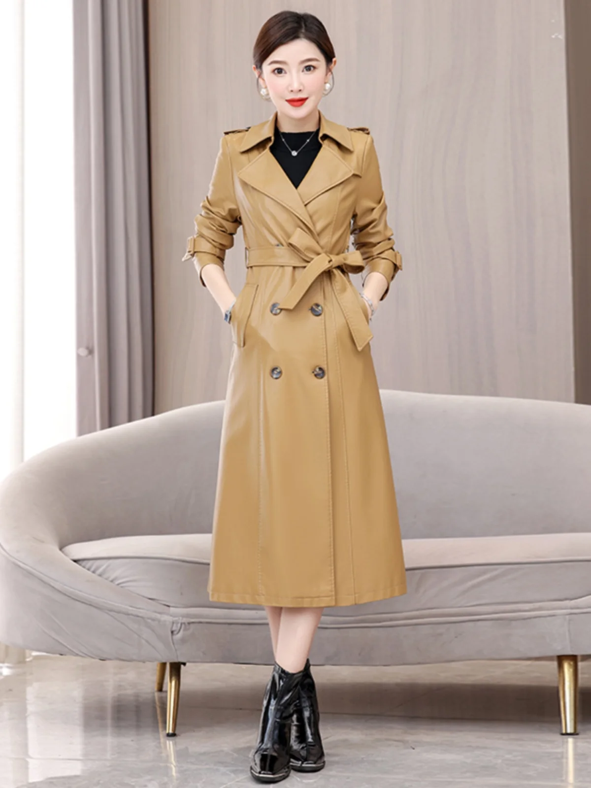   เสื้อโค้ทหนังแท้ Ning สำหรับผู้หญิง รุ่นยาวปานกลาง คอลเลคชั่นใหม่ ฤดูใบไม้ผลิ-ฤดูใบไม้ร่วง ปี 2025 สไตล์เกาหลี  แบบรัดเอว ทำจากหนังแกะ