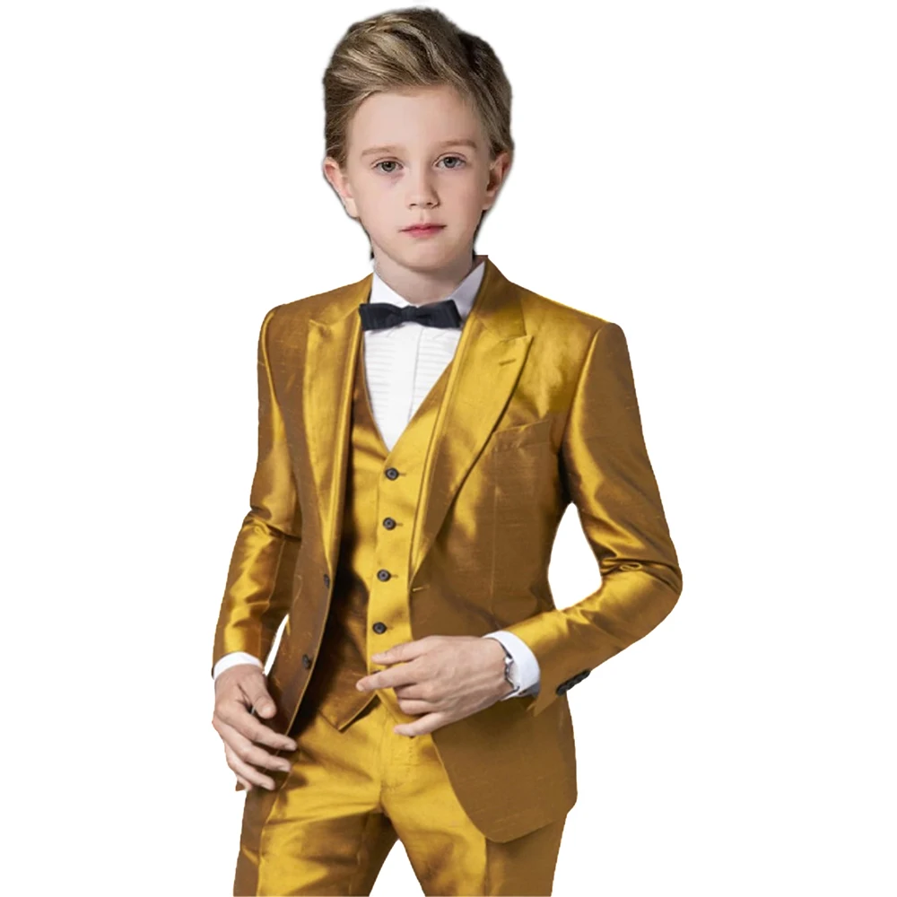 

Gold Satin Boy Suits Fashion Single Breasted Peak Lapel Children's Clothing Chic Party Formal Wedding 3 Piece Kids Clothes