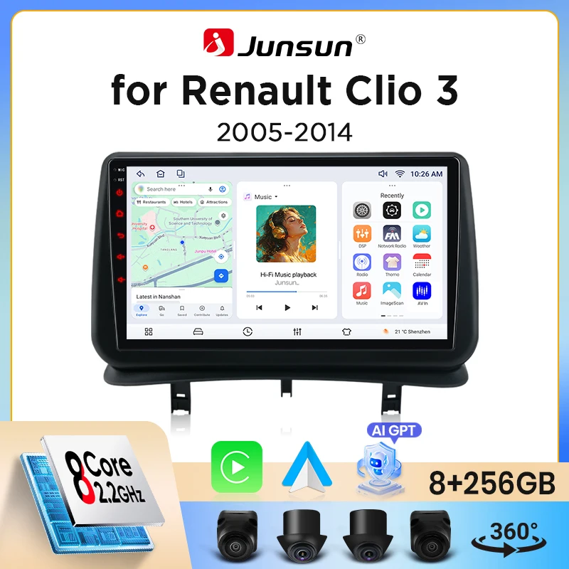 Autoradio sans fil Junsun CarPlay Android Auto pour Renault Clio 3 (Mk3 / BR/CR) 2005-2014 avec ventilateur de refroidissement intégré, navigation GPS Android, lecteur multimédia, WiFi, DSP, RDS, BT,