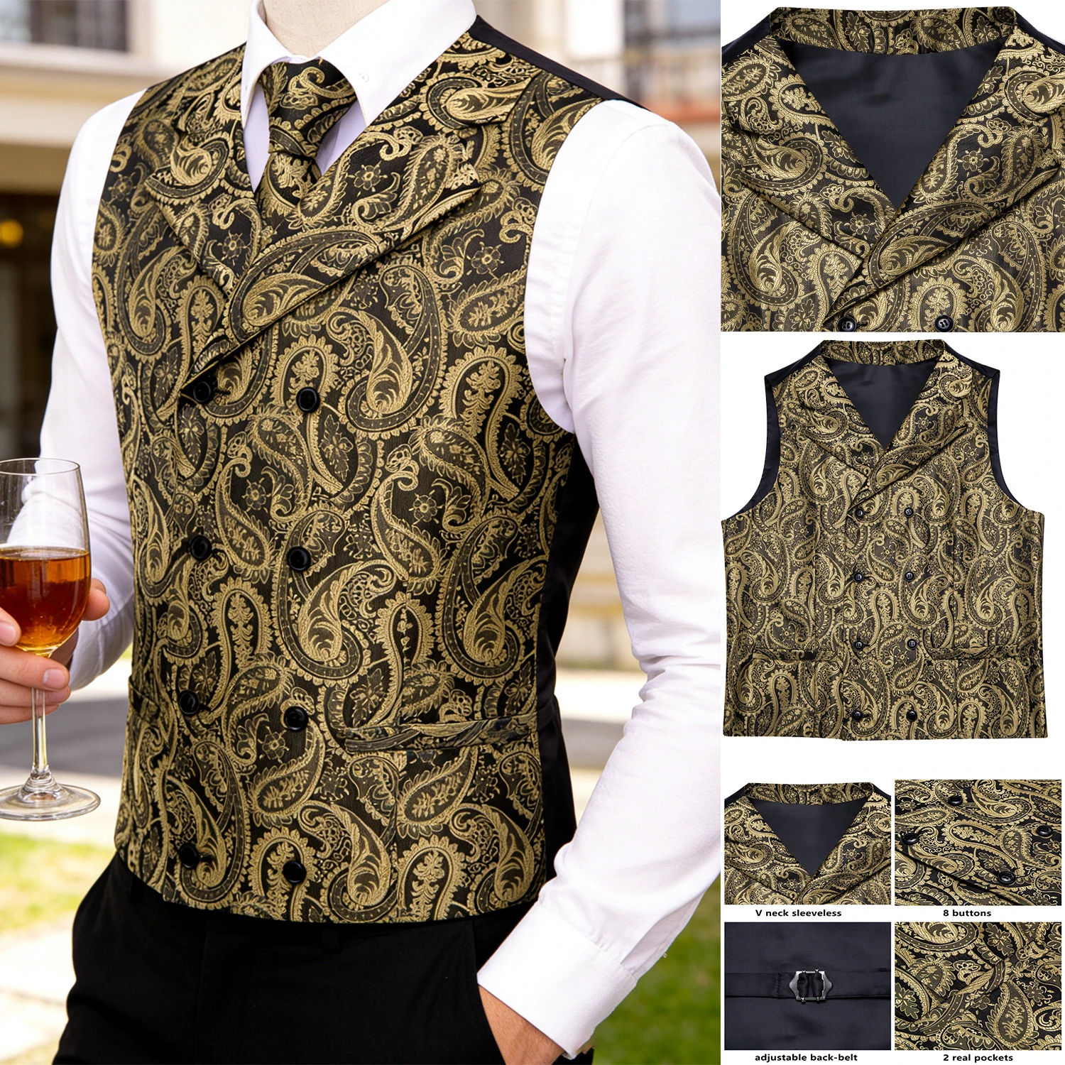

Men's Golden Paisley Vest & Tie Hanky Cufflinks Set – Luxury Tops Weddings Events Party Gift