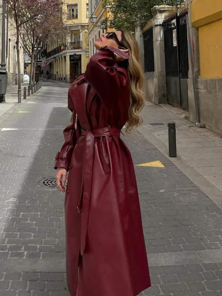 2024 Chic Burgundy Lace Up Oversized Leather Long Coats Women\'s Elegant Double Breasted Luxury Solid Jackets Lady Chic Outerwear