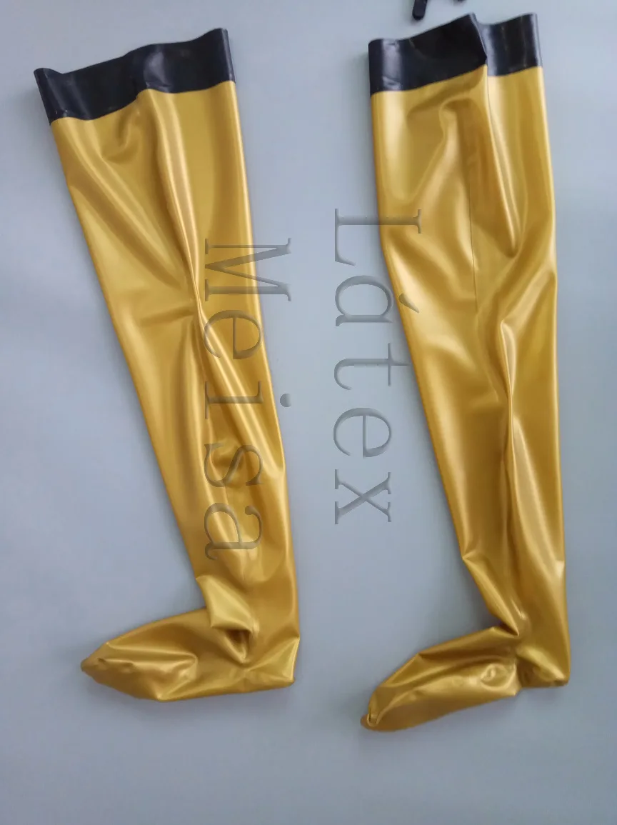 

Gold tight natural latex stockings decorative with black trims on top for women