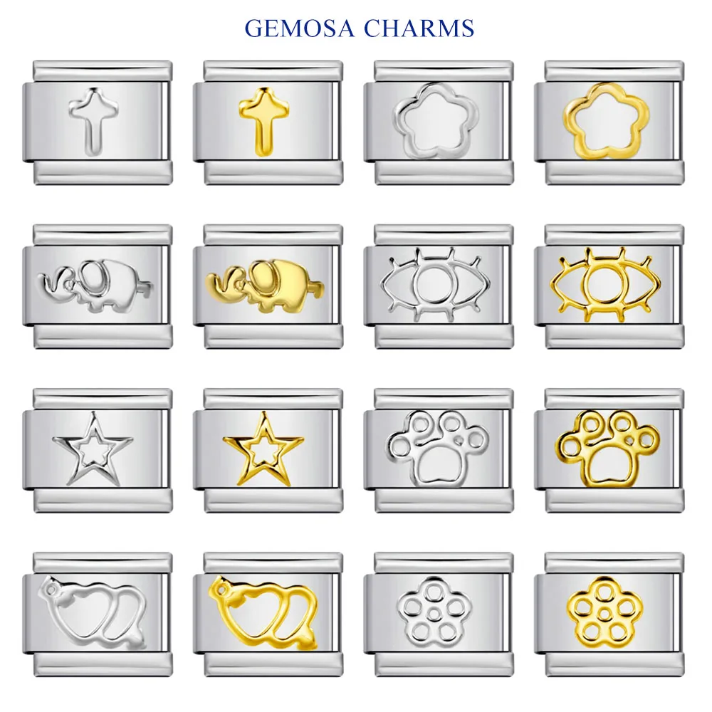 GEMOSA Silver Color Gold Color Flower Star Eyes Love Heart Fit 9mm Italian Charm Bracelet Stainless Steel Jewelry DIY Making