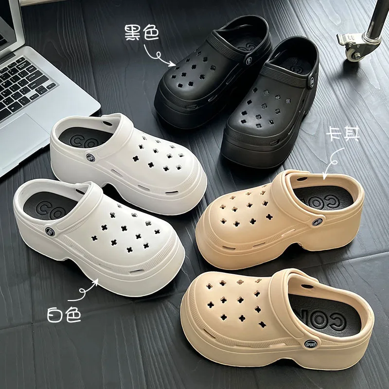 Summer 8cm Women Thick Sole Hole Shoes High Heel Soft Sole Beach Couple Garden Shoes Women's Elevated Anti Slip Platform Sandals