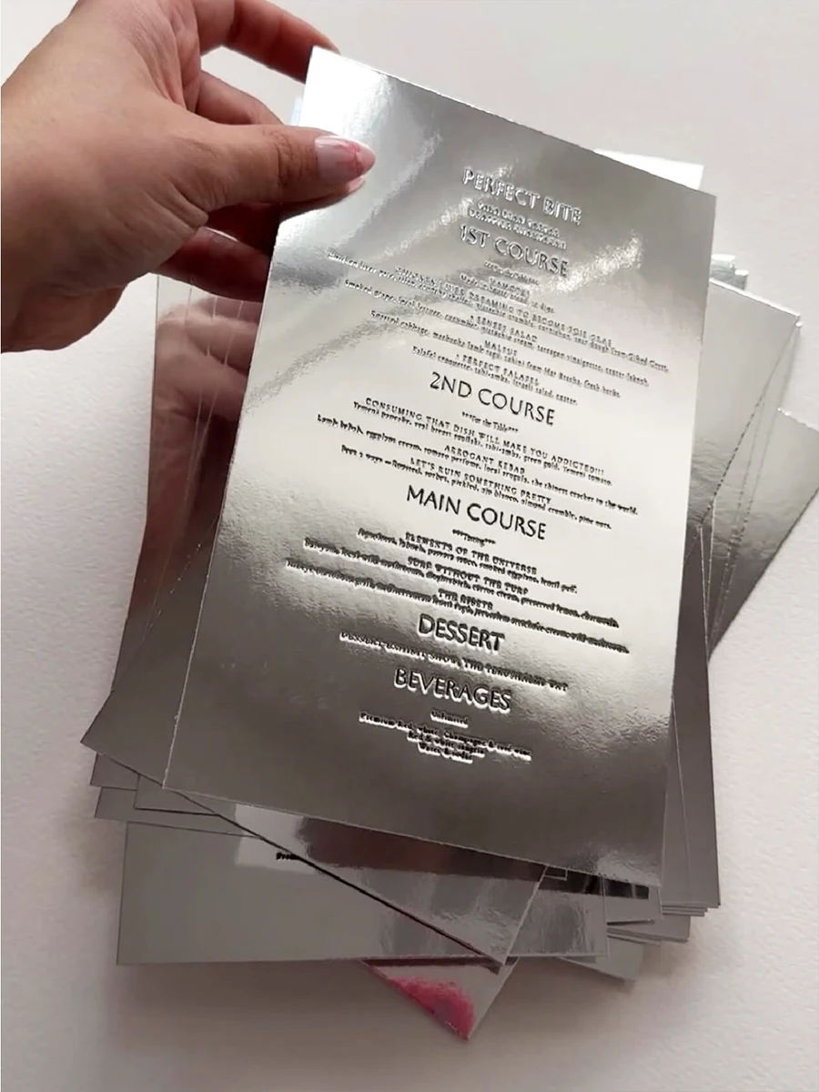 Wedding Invitation Custom LOGO Silver Holographic Printing Hangtag Swing Tags Thank You Card Gift Card Embossing Letterpress