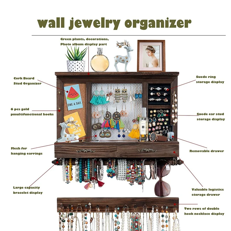 Jewelry Organizer Wall Mounted Jewelry Organizer Mesh Rustic Hanging Jewelry Holder For Earrings Necklaces With Drawer