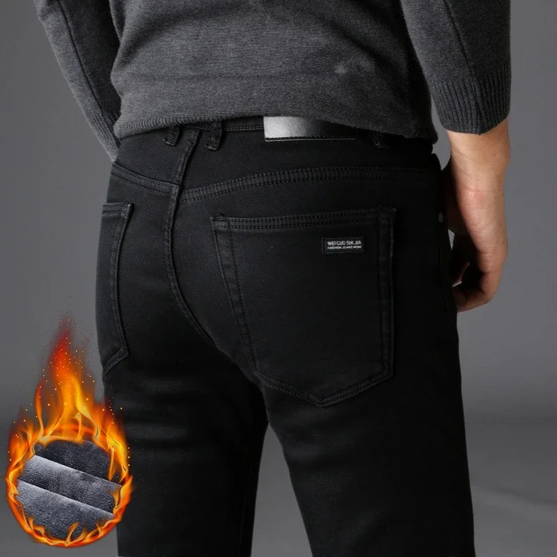 

Winter New Men's Warm Fleece Jeans Pure Black Skinny Elastic Fashion Casual Thicken Denim Pants Male Cowboy Slim Fit Trousers
