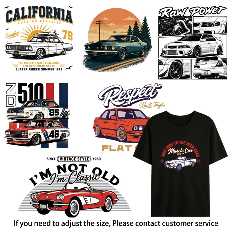 Vintage Classic Muscle Car Iron On Stickers, JDM Race Car Graphic Patches, Washable No Fade For Car Guy Streetwear Tees