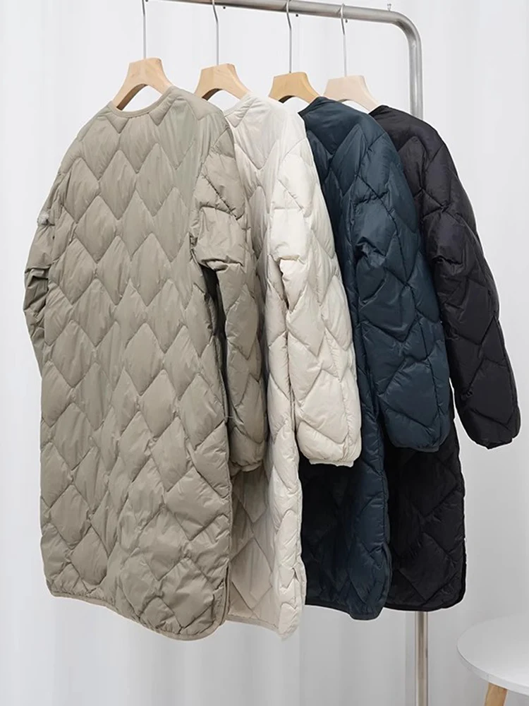 0-10℃ Korean Style Women Winter Coats 2024 New Autumn Ultra Light Long Duck Down Jackets Collarless Windproof Puffer Parkas