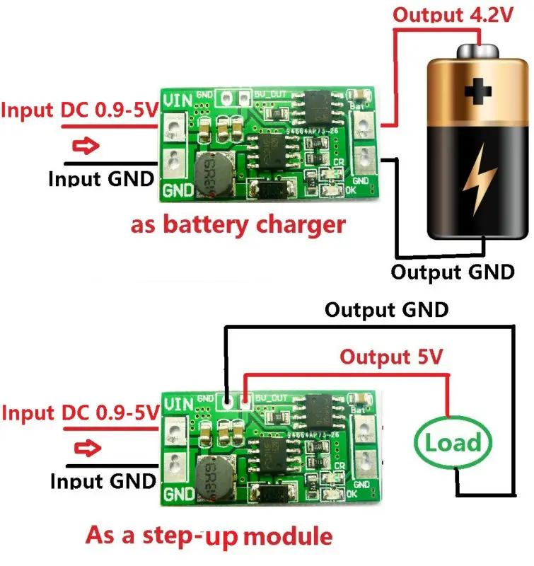 DD05CRTA 2-in-1-Boost-Lademodul DC-DC-Aufwärtswandler DC 2,5 V 3 V 3,3 V 3,7 V bis 4,2 V 5 V Ladeplatine