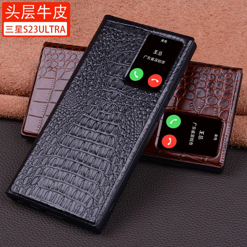 Original Wobiloo Genuine Leather S View Flip Cover For Samsung Galaxy S24 S23 S22 Ultra Texture Window Display Smart Case