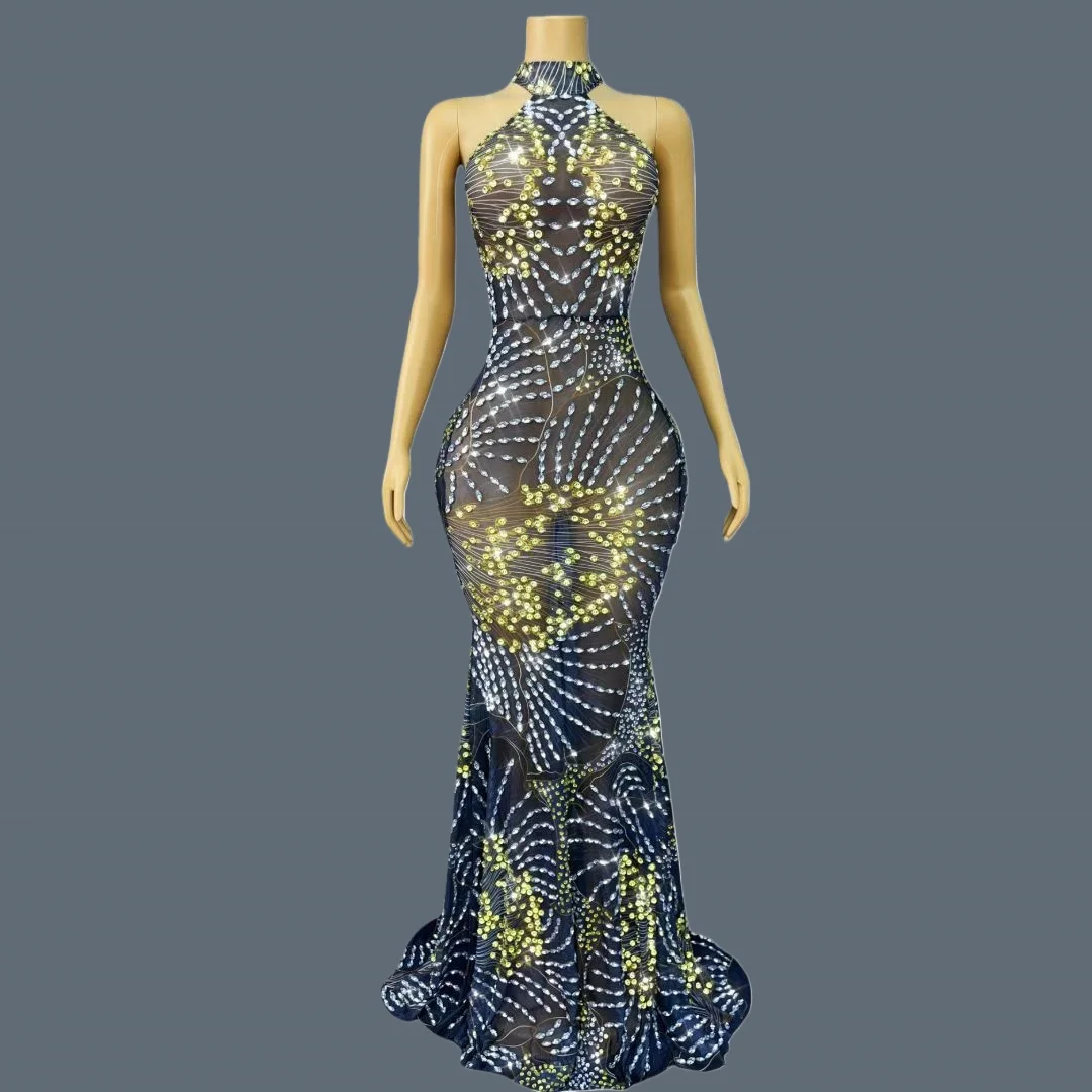 Abito lungo fino al pavimento con strass scintillanti Abito da sera sexy a sirena in rete trasparente Gala Prom Tappeto rosso Couture formale Jinsixiye