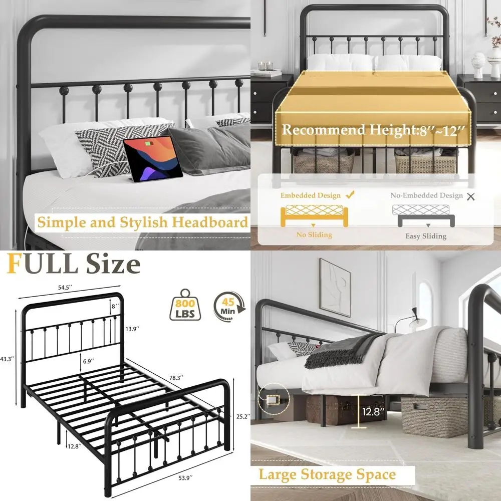 

14 Inch Metal Platform Bed Frame with Charging Station & LED, Victorian Iron Headboard/Footboard, Underbed Storage, No Box Sprin
