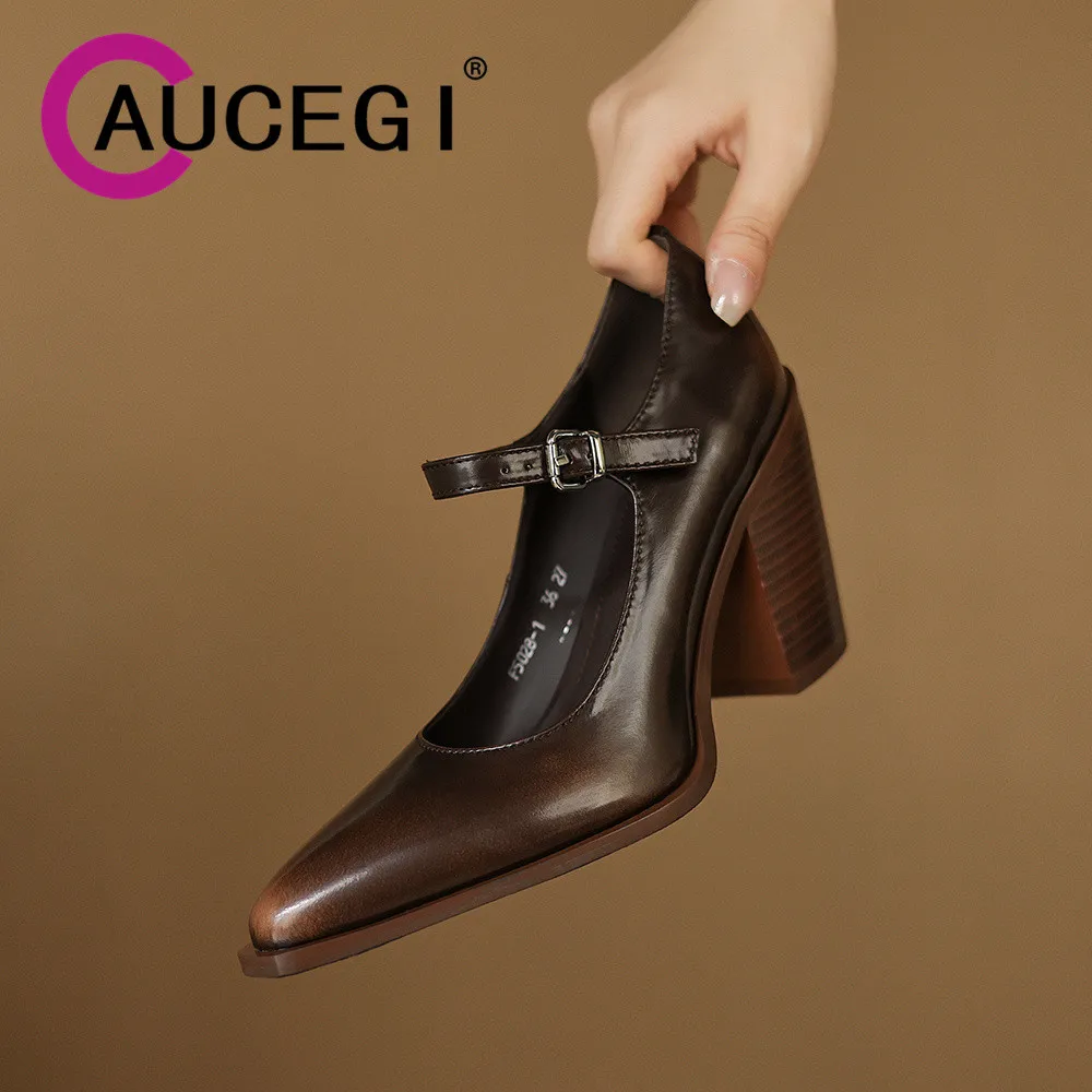 Aucegi Classic Style Spring Autumn Women Genuine Leather Pumps Chunky High Heel Pointed Toe Elegant Workplace Daily Life Shoes