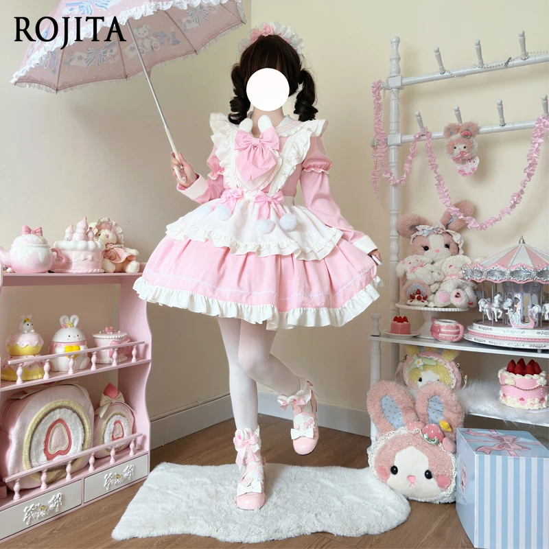 

Japanese Style Dress for Women Original Design Pink Lolita Dress Sweet Cute Short Sleeve Dress + Apron + 1 Pair of Sleeves