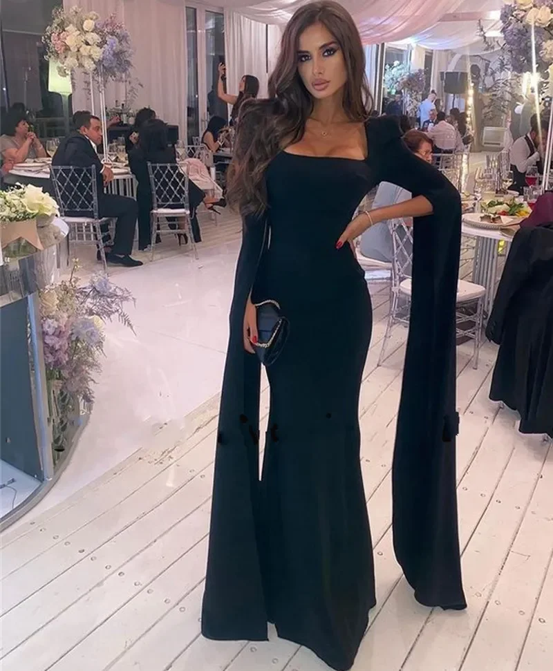 

Modern Black Saudi Arabia Bridal Prom Dresses 2026 Long Sleeves Square Evening Dress Formal Night Part Dresses Robe De Soriee