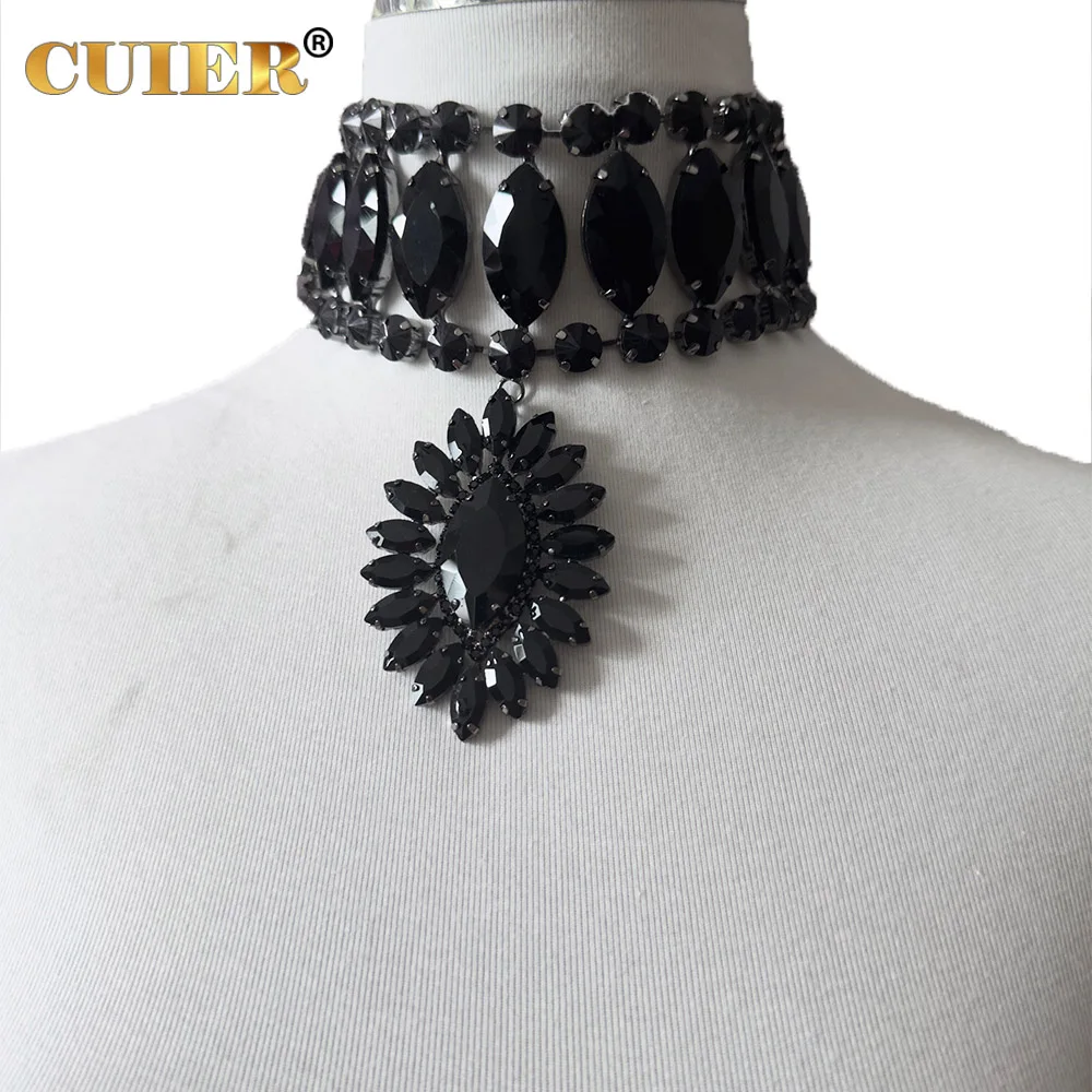 CUIER Big Size Black Glass Gemstone Choker with Pendant Hematite Women Men Jet Necklace Jewelry Drag Queen Accessories