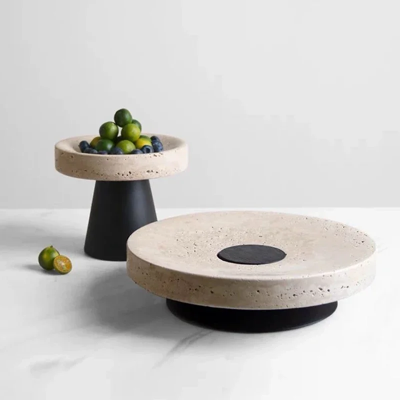 Beige Travertine Tray with Metal Base Vintage Natural Marble Serving Tray Round Cake Stand Fruit Bowl Home Decor