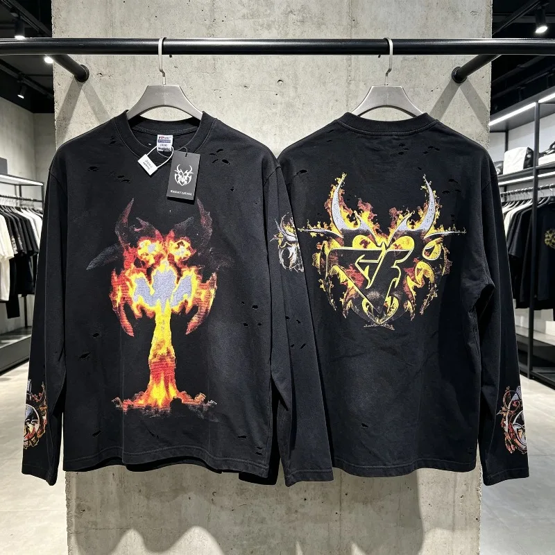 CHEW Men Women Black Washed Distressed Long Sleeve T-shirt Flame Mushroom Cloud Graphic Streetwear Tops Tees