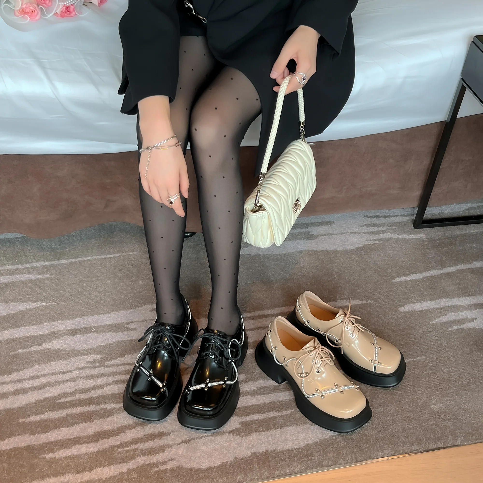 

Genuine Leather Platform Punk Style Lace-up Shoes, Height Increasing Chunky Sole for Women