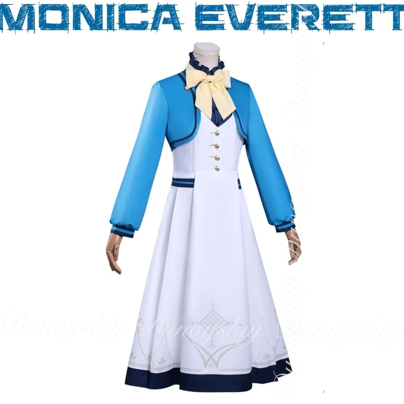 أسرار الساحرة الصامتة أنيمي مونيكا ايفريت ويكون مع فستان أزرق أبيض مع لون القهوة شعر مستعار ويكون زي جميع المجموعة