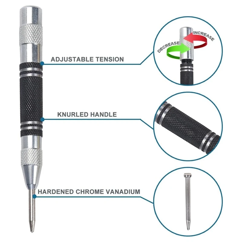 2 pacotes de perfurador central automático de 5 polegadas e 6 polegadas com pontas substituíveis perfurador central carregado com mola resistente