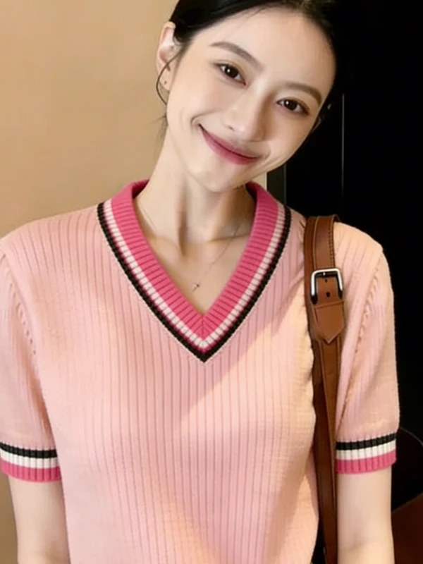 Slimming V-Neck Knitwear Short Sleeve Commute Fashionable Women's Casual Style Color Block T-Shirt Standard Fit Summer Top