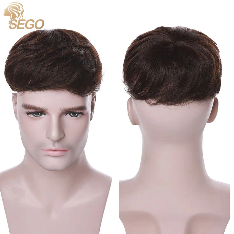 SEGO 16x19cm Small Men Toupee 100% Human Hair Replacement Mono & Mesh Base Natural Hair System 1B #1 #2 #4 Brown