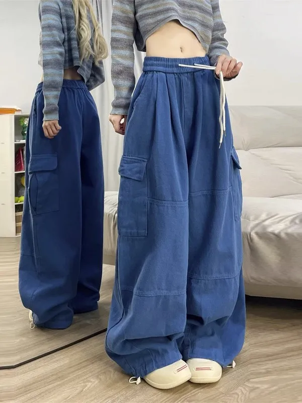 Pantaloni da lavoro blu intenso Pantaloni casual larghi a gamba larga lunghi fino al pavimento per uomo e donna Primavera Autunno Vita alta Vestibilità comoda