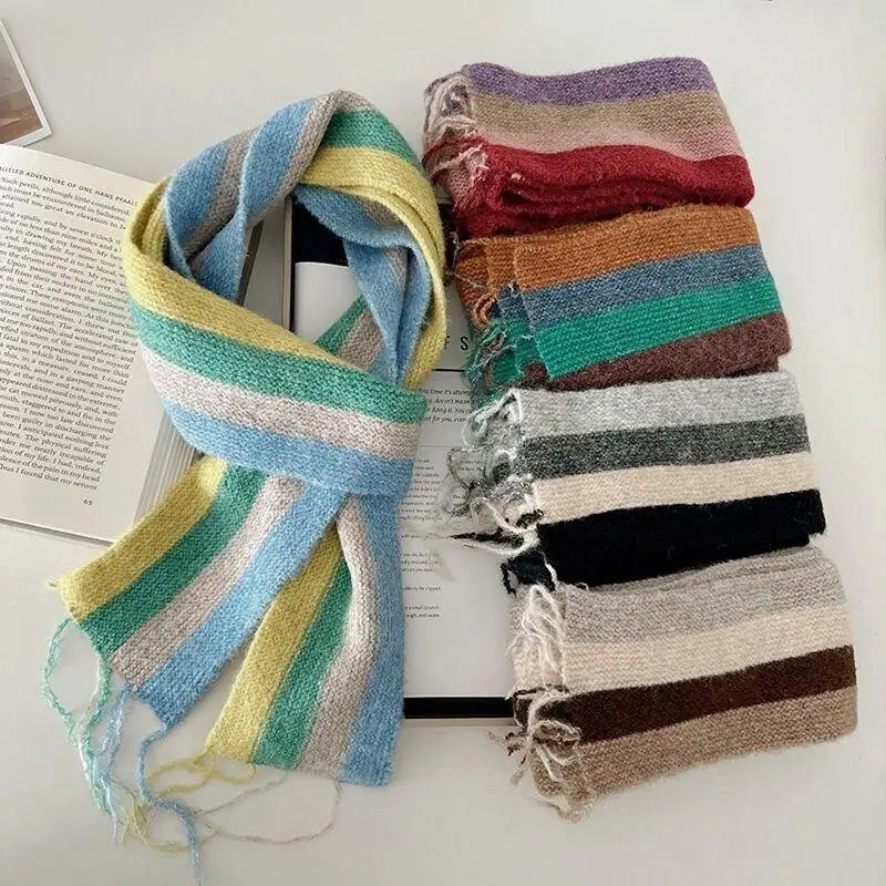 

Women Cashmere Stripe Scarves Female Colorful Knitted Long Scarf Trendy Winter Scarf Thicken Warmer Soft Pashmina Shawls Wraps