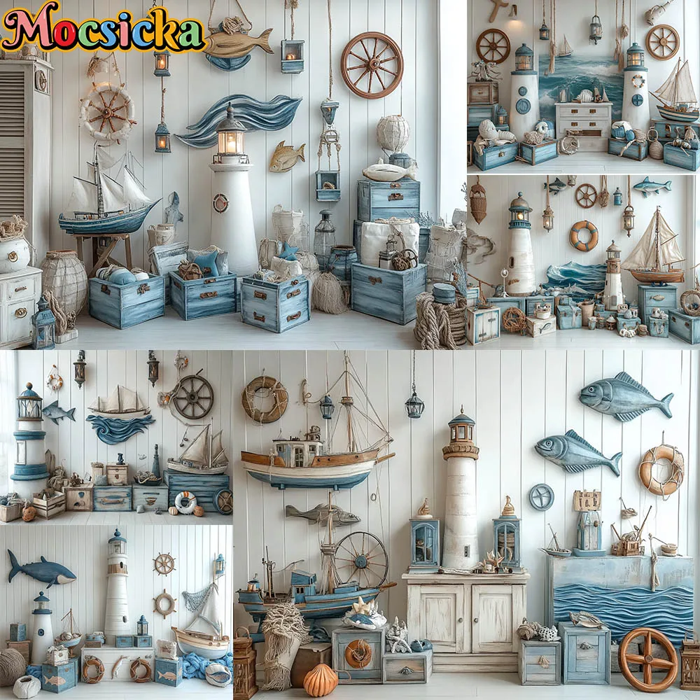 

Mocsicka Photography Background Blue Pirate Ship Whale Undersea Decoration Backdrop Cake Smash Baby Shower Portrait Studio Prop