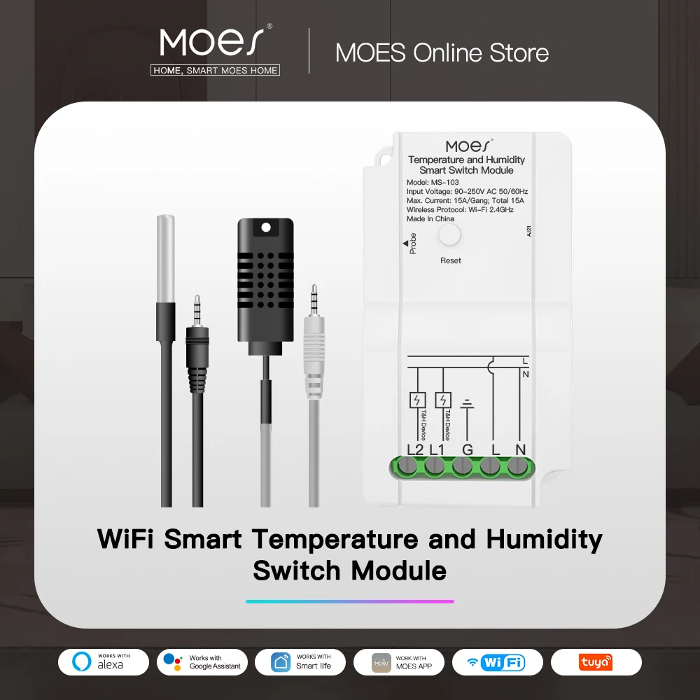 WiFi Smart Temperature Humidity Switch Module Sensor Dual Relay Output Smart Life App Wireless Controller Work with Alexa Google