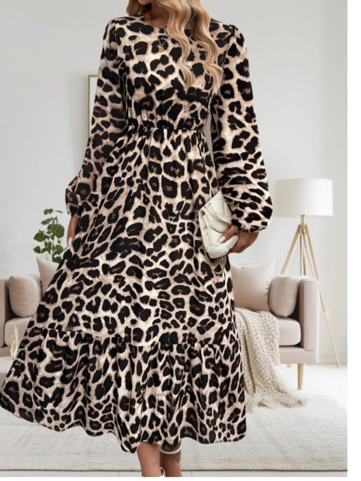 

Весенне-осеннее модное платье миди с круглым вырезом, леопардовым принтом, приталенное, с длинными рукавами, из полиэстера и аммиачного волокна, блузка...