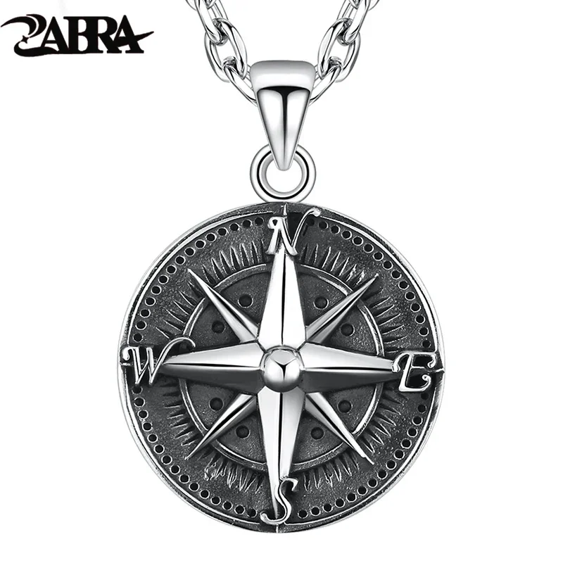 ZABRA Gothic Authentic 925 Sterling Silver Round Compass Pendant For Men Vintage Punk Rock  High Polished Thai Silver Jewelry