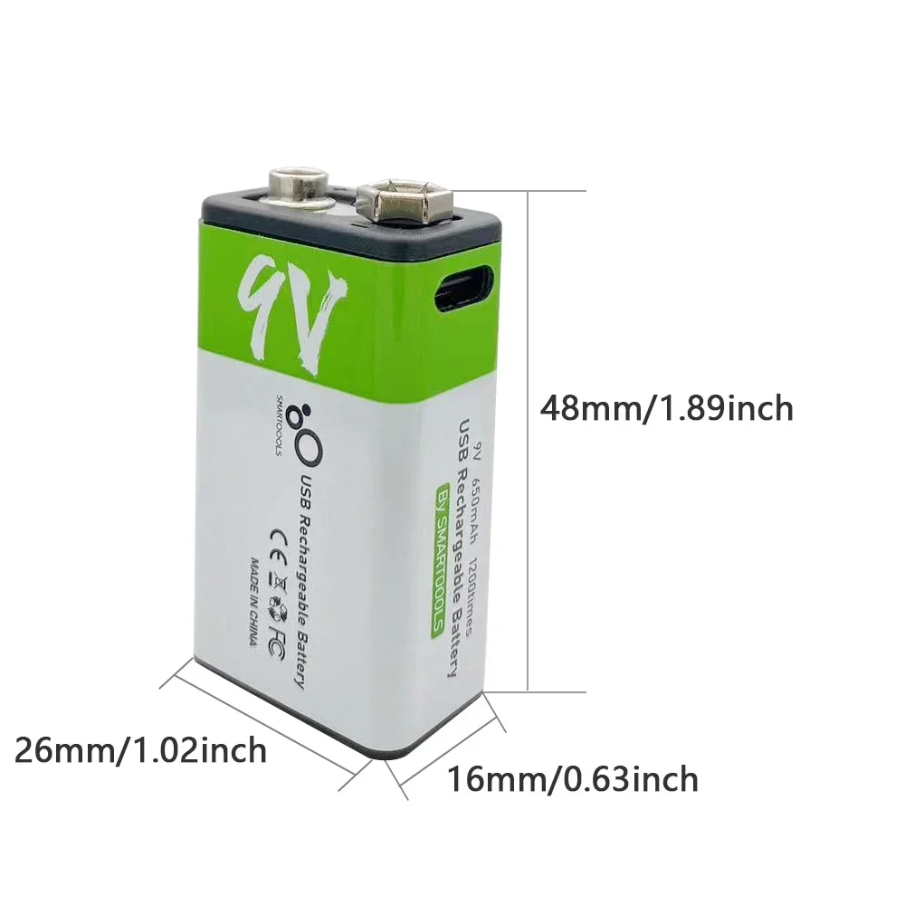 YouTu 9V USB Rechargeable Battery - Lithium-Ion, 650mAh, Eco Friendly, 1200 Uses, Type-C Charging, 1.5h Rapid Recharge, Li-Ion